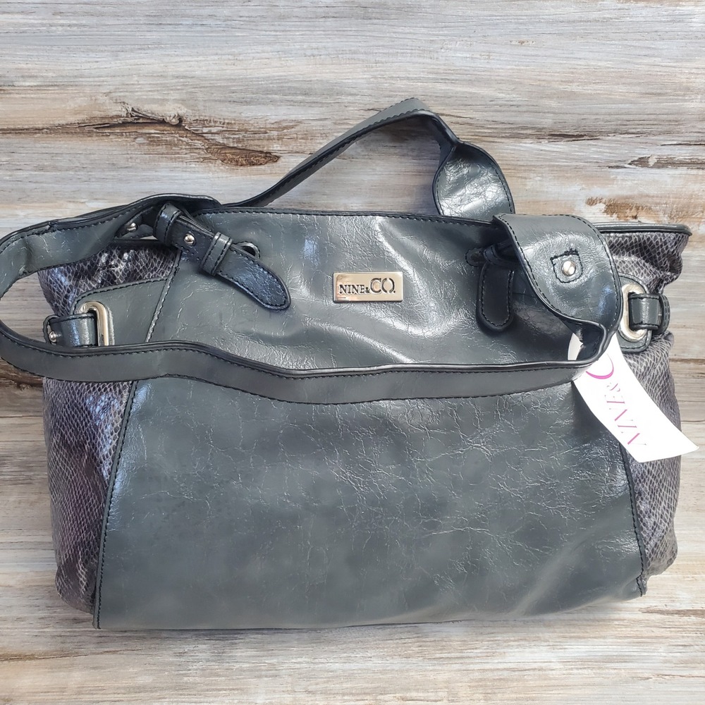 Nine & Co Grey Faux Leather Snakeskin Print Satchel Handbag Silver Tone Hardware